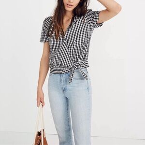Madewell Short-Sleeve Wrap Top in Gingham Check‎ XS